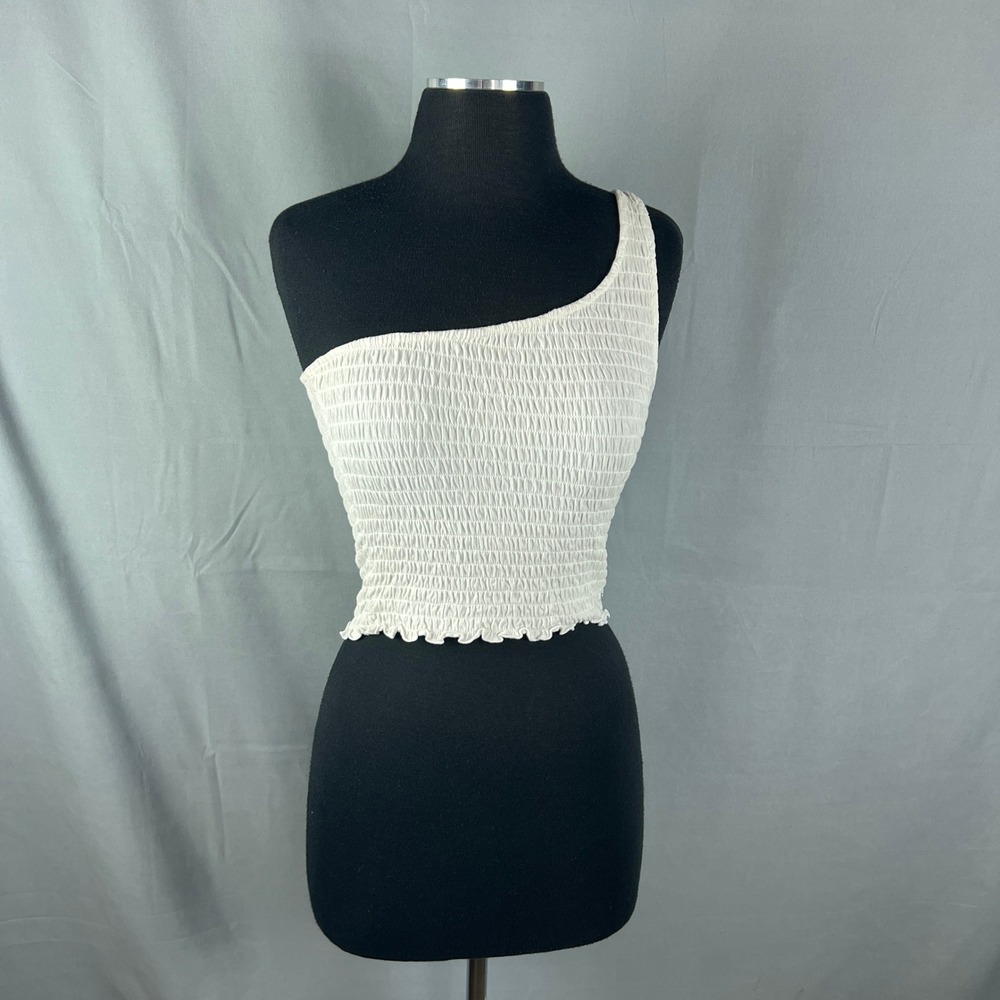 Hollister One Shoulder Cropped Top Womens M White Smocked Lettuce Edge Ruffle